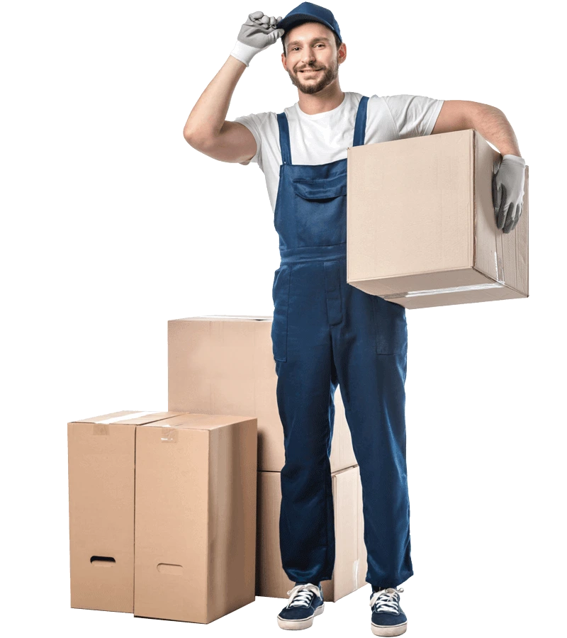 one of the packers of faizan movers is happy with packed the things into boxes and ready to move