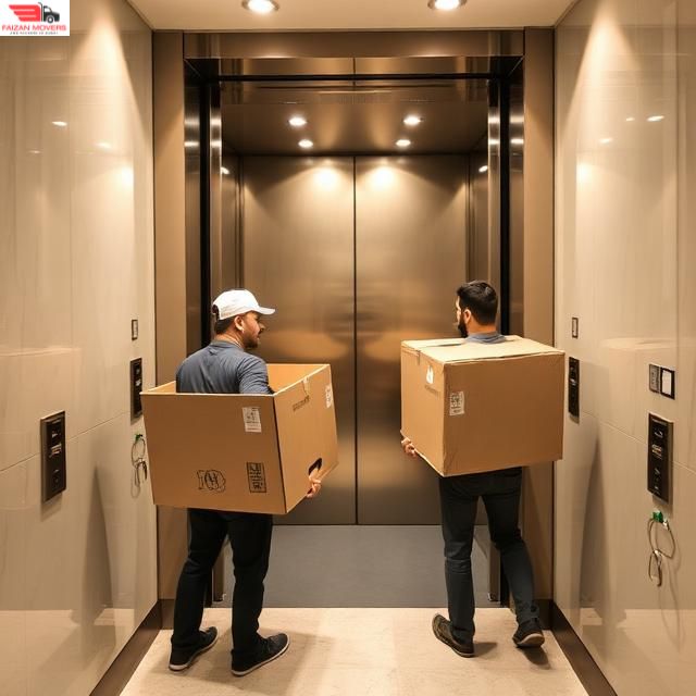 3 BHK Apartment Movers in Dubai 12 Professional movers handling high-rise apartment moves in Dubai with elevator coordination