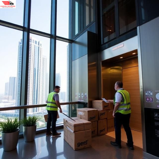 Why us 6 High-rise 3 BHK moving team coordinating elevator and loading bay in Downtown Dubai,
