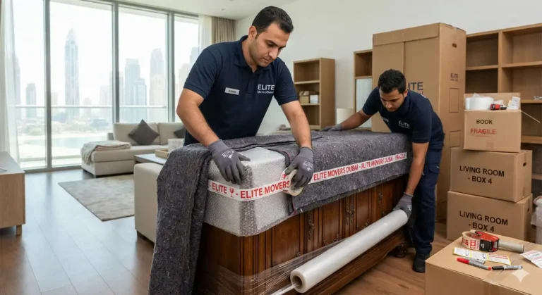 two workers packing household and wrapping furniture