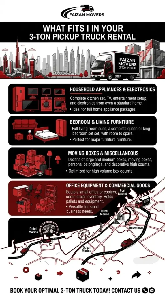 what fits inside a 3 ton pickup truck rental infographic