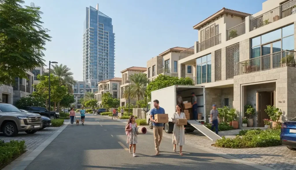 What Life in a New Dubai Community Actually Feels Like After Moving 1 family moving to a new community in Dubai in villa